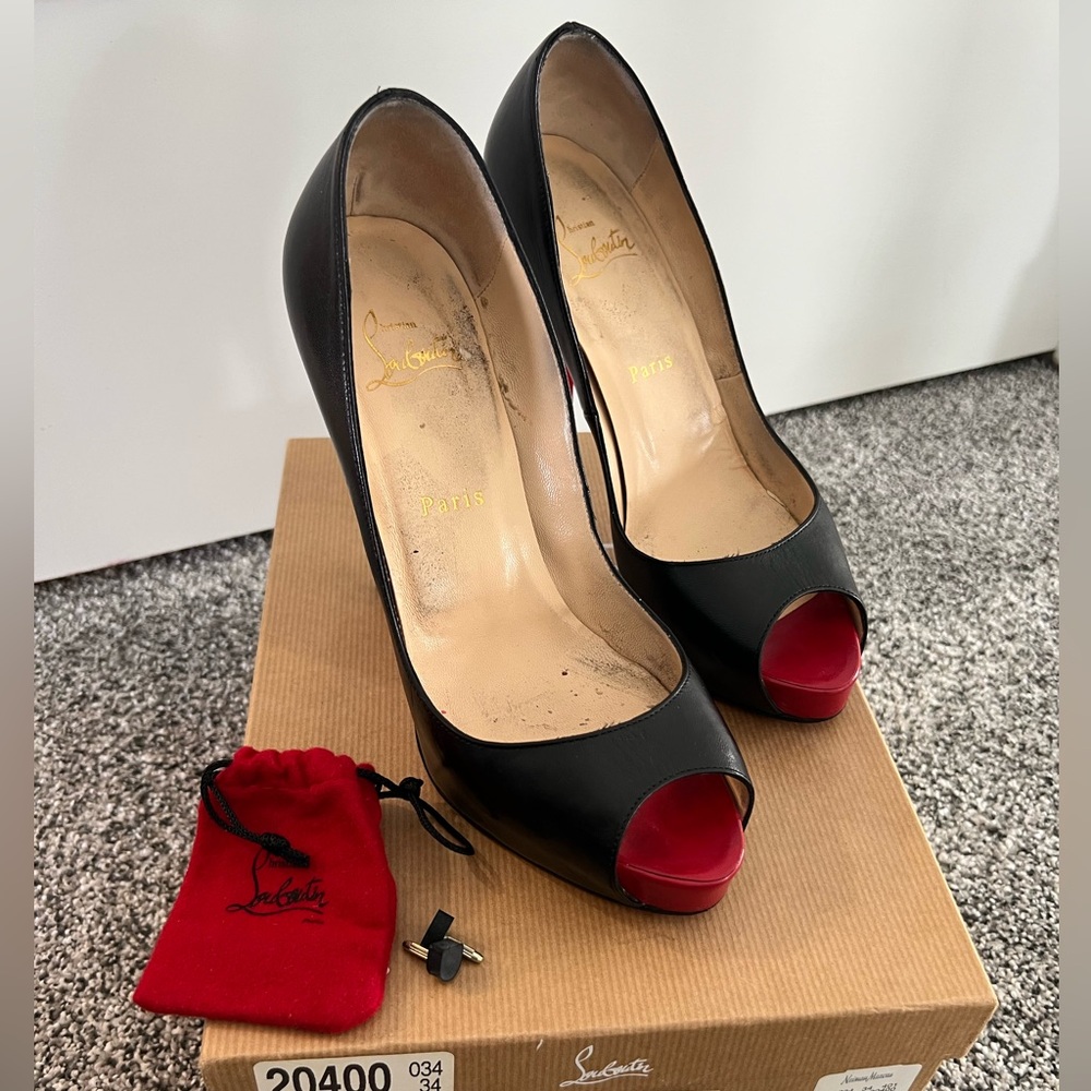 Christian Louboutin Very Prive 120 Kid Black and Red Peep-Toe Heels - Picture 10 of 10